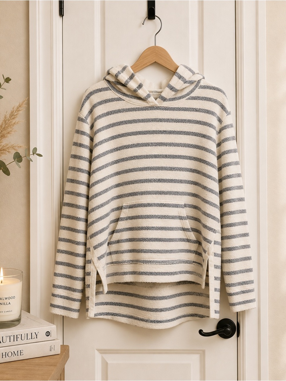 Old Navy Cream and Gray Striped Hooded Pullover Sweater